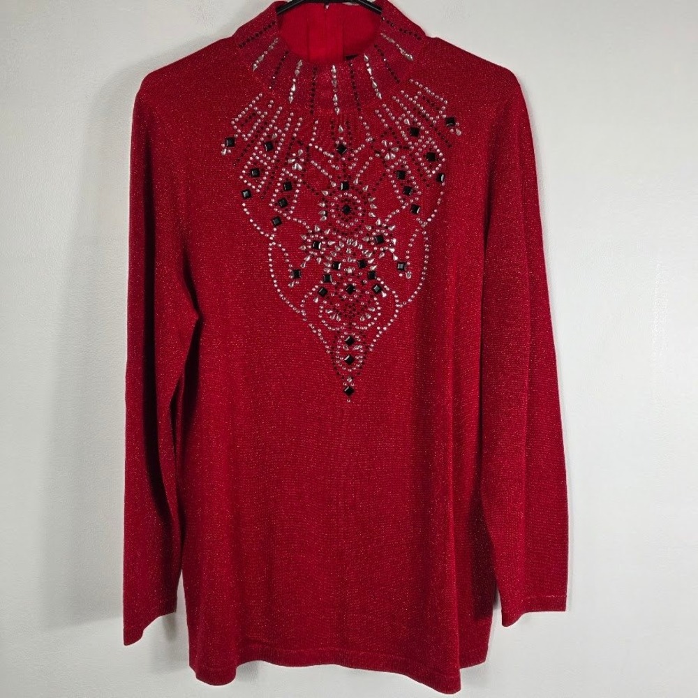 Vintage Once Again Red Sparkle Rhinestone Mock‎ Neck Sz  L Tunic Top